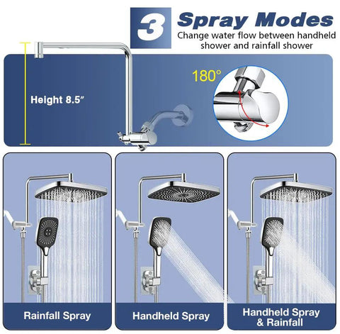 Ultimate Dual Shower Head System With 12 Inch Rectangle Rain Shower Head And Handheld Sprayer 4 Settings High Pressure Rainfall