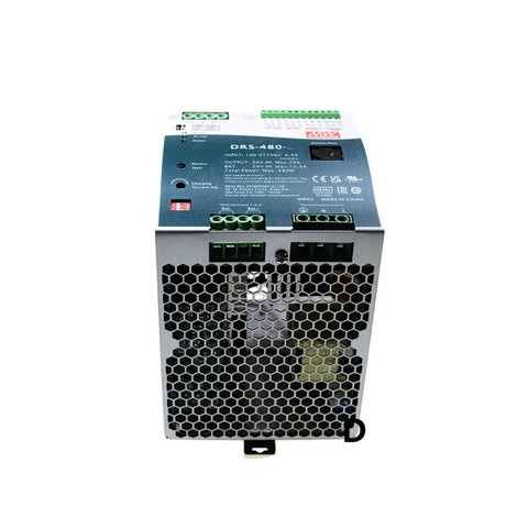 Ultra Efficient 480W 24V 15.4A AC DC DIN Rail Power Supply With Built In UPS And Battery Charging Status Monitoring Modbus Ready Ninety Two Percent Efficiency TS 35 7.5 Or 15 Mount Tough Industrial Grade front view
