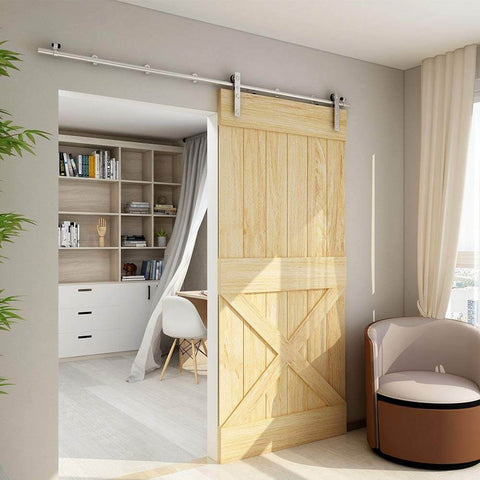Installed 6Ft Sliding Barn Door Hardware Kit With Stainless Steel Hangers And Aeronautical Grade Aluminum Track For A Single Wood Door