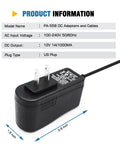 Universal 12V 1A Power Adapter For Motorola And Kenwood Radios with US plug, product details and dimensions displayed.