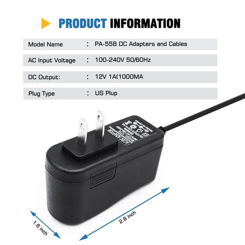 Universal 12V 1A Power Adapter For Motorola And Kenwood Radios with US plug, product details and dimensions displayed.