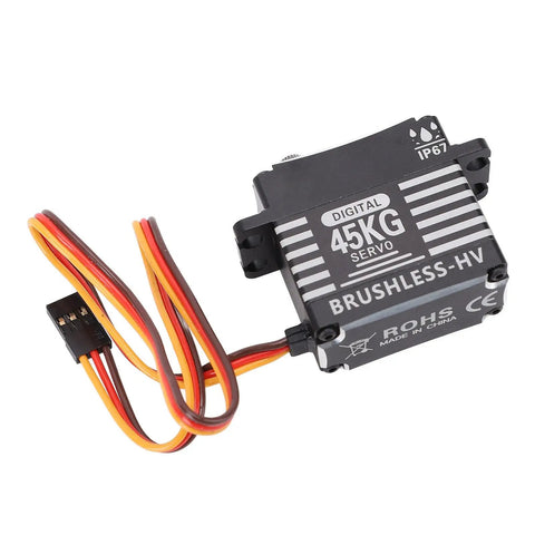 Heavy Duty 180 Degree Brushless Servo Delivering Beast Mode 45kg Coreless Motor Power motor with wires, designed for RC vehicles.