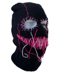 Distressed Balaclava Face Mask With Halloween Spooky Style Dope, Funny Scary Knit Full Face Ski Mask in black and pink stitches.