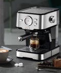 Go Big Or Go Home Daily Grind Semi Automatic Espresso Machine With 20 Bar Pressure brewing espresso with frothing wand and temp gauge.