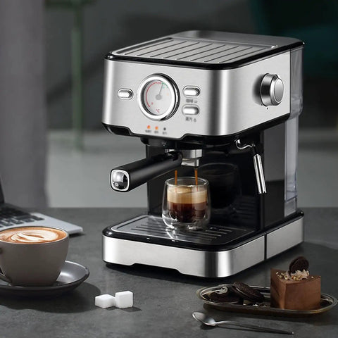 Go Big Or Go Home Daily Grind Semi Automatic Espresso Machine With 20 Bar Pressure brewing espresso with frothing wand and temp gauge.
