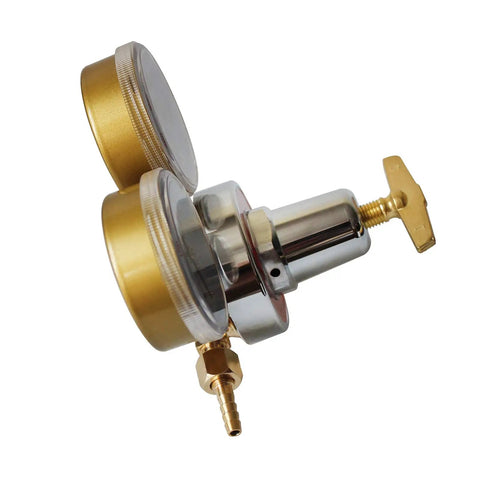 Side view of Dual Welding Gas Gauges Regulators Combo Oxygen CGA 540 And Acetylene CGA 510 with brass fittings and pressure gauges.