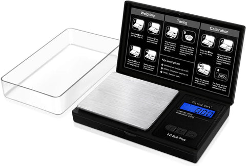 Pocket Size Digital Gram Scale With 0.01g Precision, 200g Capacity, open view with stainless platform and LCD display