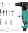 Bad Boy Pneumatic Right Angle Die Grinder Cranking 22000 RPM For Swift Grinding And Detailing with various grinding bits and wrenches.