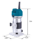 Electric Wood Router Trimmer 800W Handheld Palm Router For Slotting And Carving 30000 RPM Aluminum Body With Soft Grip dimensions shown