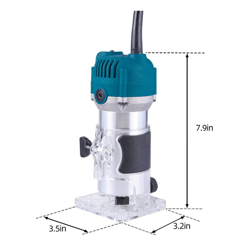 Rock Solid Electric Wood Router And Smooth Operator Trimmer featuring a soft grip, 7.9in tall, aluminum and plastic design for precision work.