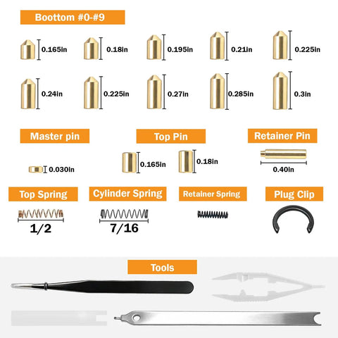 Professional Lock Rekeying Kit with Complete Pinning Set showing pins, springs, and tools with sizes