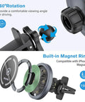 Diagram of MagSafe Car Mount Charger For iPhone Wireless Car Charger With Dashboard Stick On Magnetic Holder with 360 rotation and magnet ring.
