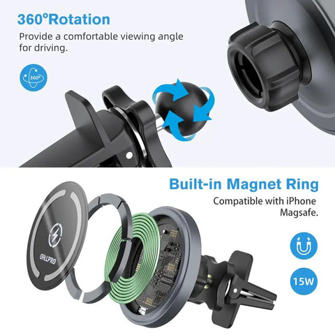 Diagram of MagSafe Car Mount Charger For iPhone Wireless Car Charger With Dashboard Stick On Magnetic Holder with 360 rotation and magnet ring.