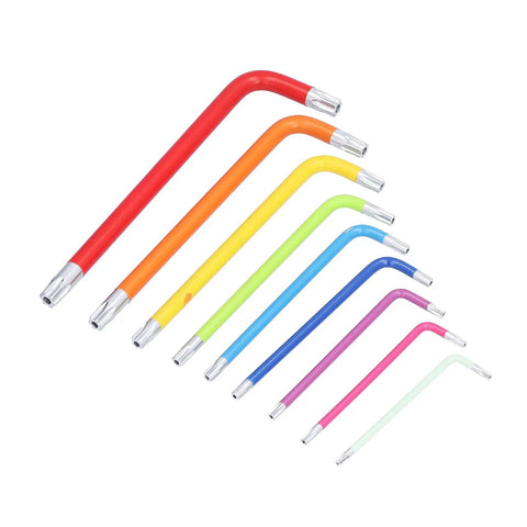 Kickstart Your Home Repair Game With This Hottest 9 Pcs Arm Hex Wrench Set Featuring Gnarly Color Coding And Solid Metal Star Hex Keys For Pro Level Maintenance, Fixing, And All Your Daily DIY Projects Without The Stress. 9-piece color-coded steel star hex key set