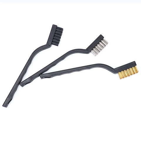 Three-Piece Mini Wire Brush Set With Stainless Steel, Nylon, And Brass Bristles For Cleaning, Rust Removal, Burr Smoothing, And Polishing