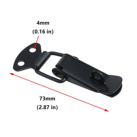 4 piece stainless steel cabinet toggle latch set with spring loaded catch hasp and screws, heavy duty build, two and one quarter inch length, 304 stainless steel anti corrosion chrome finish, easy install for secure closures; shown with measurements, 4mm and 73mm.