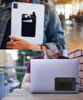 Two Pocket Adhesive Hard Drive Holder For Laptop And Travel Gear Stick On Pocket Pouch For External SSD And HDD shown on tablet and laptop