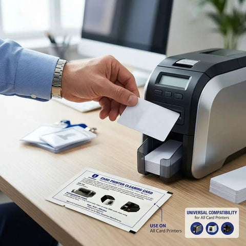 Universal Card Printer Cleaning Kit With Fifty Cr80 Maintenance Cards To Wash Dust Off Transport Rollers And Printheads Keeping Your Thermal Id Imager Running Slick With Zero Sweat And Straight Up Reliable Results Daily in use with card printer.