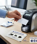 A hand inserting a cleaning card into an ID badge printer, featuring Top Tier CR80 Heavy Duty Presaturated Cleaning Cards 10 Pack.