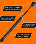 Top Shelf Two Pack Automotive Gas Strut Lift Supports For Toolbox Lid Replacement showcasing black nitrate steel, U-band sockets and OE seals.