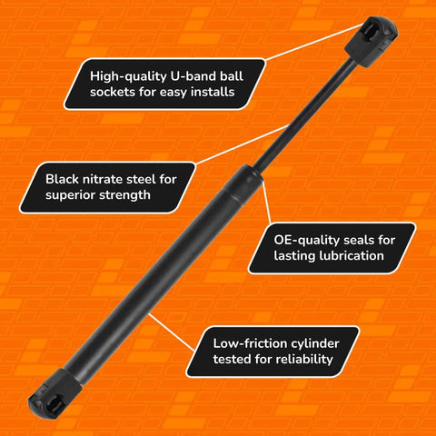 Top Shelf Two Pack Automotive Gas Strut Lift Supports For Toolbox Lid Replacement showcasing black nitrate steel, U-band sockets and OE seals.