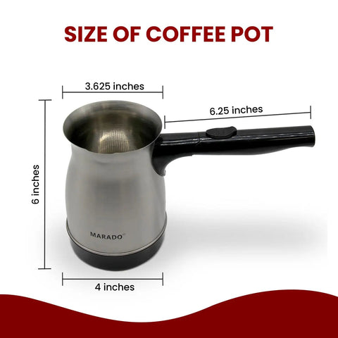 Portable Electric Turkish Coffee Pot With Foldable Stainless Steel Design Makes Up To Five Cups Ideal For Arabic Turkish Coffee Travel Friendly Easy To Use Buttons No Filter Needed, 6-inch tall stainless steel pot with dimensions shown.