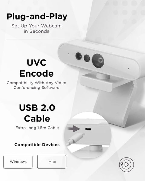 Top Tier 1080p Webcam For PCs Packing Hella Crisp FHD Video showing UVC Encode and USB 2.0 cable for easy setup.