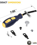 Universal Shaft Seal Puller Kit For Camshaft And Crankshaft Seals With Hook Tool and components displayed with dimensions