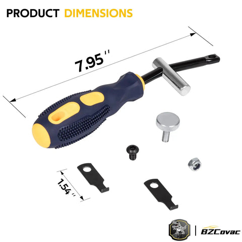 Universal Shaft Seal Puller Kit For Camshaft And Crankshaft Seals With Hook Tool and components displayed with dimensions