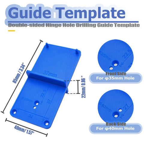 All In One 35mm Forstner Drill Bit And Hinge Jig Set With Door Hinge Hole Template Locator showing double-sided blue plastic guide for 35mm and 40mm holes.