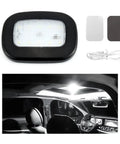 Wireless Magnetic USB Car Dome Light For Interior Ceiling next to mount kit and installed in car showing soft LED glow.