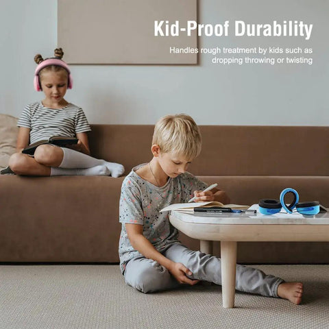 Kid Friendly Ear Protection Earmuffs For Toddlers And Children, blue headphones on table, children playing nearby