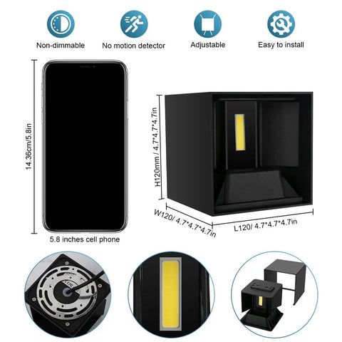 Dimensions and features of Tweakable 20W Black Square LED Outdoor Wall Sconces with Adjustable Up Down Lighting 6500K Bright Cool White