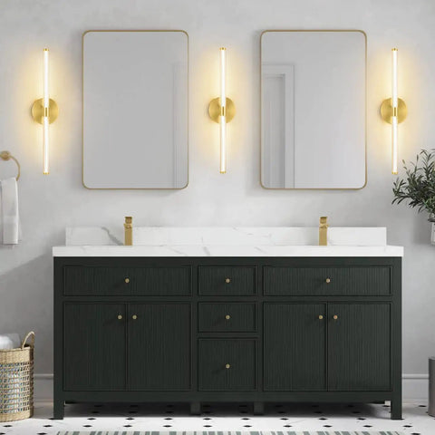 Two Pack Brass Gold Vanity Light Bar Set For Bathroom LED Wall Sconces Over Mirror, modern bathroom setup with mirrors.