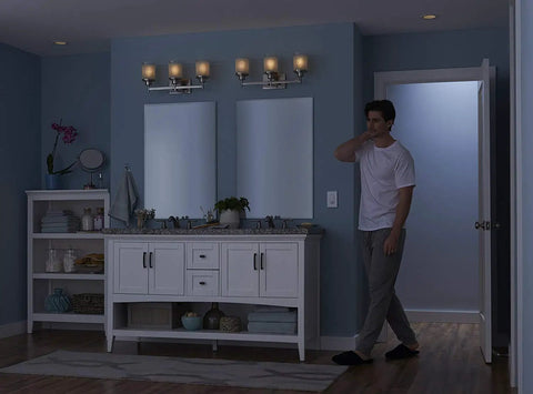 Maestro LED Plus Motion Sensor Dimmer Switch For LED Lighting, 150W, installed in a bathroom, single pole or multi location, white.