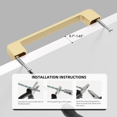 5 Inch Brushed Gold Cabinet Pulls Set Of 10 Zinc Alloy Handles shown with installation instructions and screw measurements.