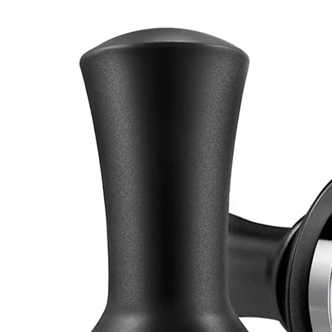 Straight Up Perfect Espresso Tamper Kit With Coffee Grounds Distributor, Precision Tamping Station For Consistent Pressure, close-up of black tamper handle.