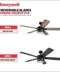 Bonterra 52 Inch Ceiling Fan With LED Light And Remote 5 Blades Modern Matte Black Fan reversible blades rough pine and northern ebony