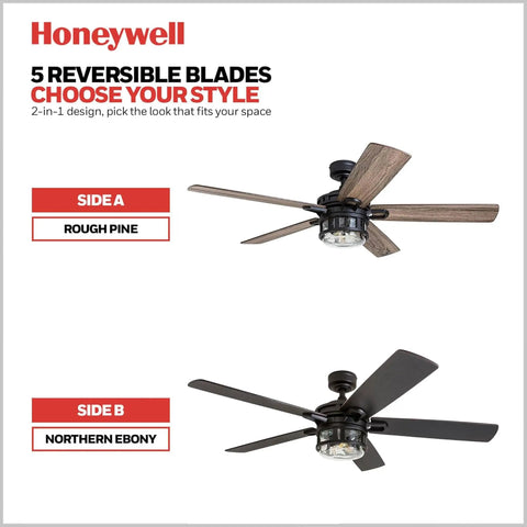 Bonterra 52 Inch Ceiling Fan With LED Light And Remote 5 Blades Modern Matte Black Fan reversible blades rough pine and northern ebony