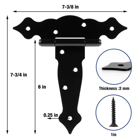 4 Pack Heavy Duty 6 Inch T Strap Gate Hinges 2mm Thick Universal Barn Shed Door Hardware with 270 Degree Rotation, black iron hinge with dimensions