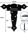Beefy Heavy Duty 6 Inch T Strap Gate Hinges For Fence Barn Door Wood Cabinet And Garden Use 270 Degree Rotation 8 Hole Black Tee Hinge Hardware, 2 mm thick