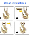 Usage instructions for Two Pack Three Eighths Inch Chain Hooks Grade 70 Heavy Duty Clevis Grab Hooks For Trucking Towing And Industrial Chains 26,000 Pound Load Capacity Yellow Zinc Finish