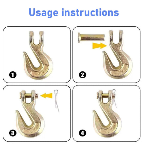 Usage instructions for Two Pack Three Eighths Inch Chain Hooks Grade 70 Heavy Duty Clevis Grab Hooks For Trucking Towing And Industrial Chains 26,000 Pound Load Capacity Yellow Zinc Finish
