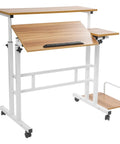 Effortless Folding Standing Desk With Smooth Rolling Casters And Tilted Writing Panels For Total Flex Work From Home Setup Featuring Quick Height Adjustments In Modern Light Walnut And White, showcasing a foldable design.