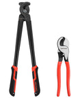 Two Pack 10 Inch And 14 Inch Heavy Duty Cable Cutters For Copper And Aluminum Wire Up To 120 Mm2 Capacity Multi Strand Cables Not For Steel Wire Pro Grade Electrician Tool, showing two red and black handled cutters on a white background
