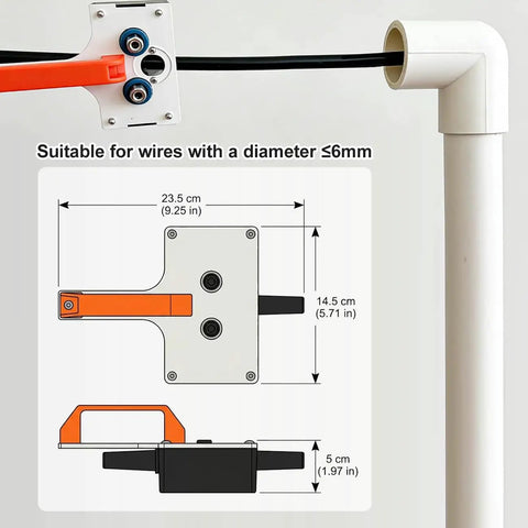 Compact Drill Powered Wire Puller Featuring Slick Conduit Fish Tape Grip with measurements for wires up to 6mm diameter.