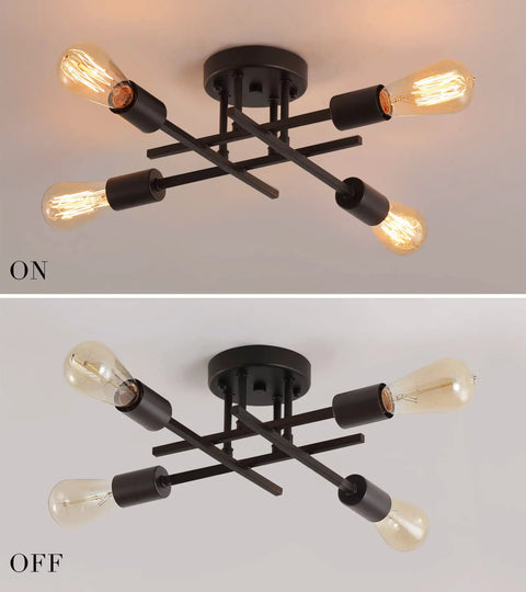 Four Light Black Semi Flush Mount Ceiling Light With Industrial Mid Century Vibe For Hallway Bathroom Bedroom Kitchen Dining Room Porch And Laundry UL Listed, lit and unlit views
