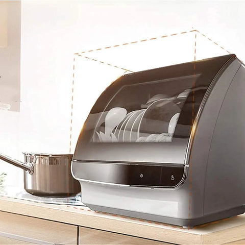Freestanding Countertop Dishwasher With Auto Dry Storage And Snappy Touch Controls For Rapid Cleaning Cycles high Temp Sterilization And Smart Power Savings on kitchen counter.