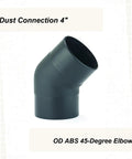 Built Tough As Nails 4 Inch Outside Diameter 45 Degree Elbow Dust Collection Fitting for woodworking shop ventilation systems in heavy duty ABS plastic.