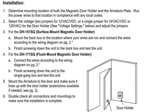 Flush Mount Magnetic Door Holder With 33 Lb Holding Force Fail Safe Hard Wired Electric Operation Works With Door Closers 12 24 VAC VDC Or 120 VAC No Residual Magnetism For Easy Release installation guide with wiring diagram and instructions.